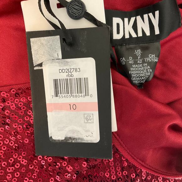 DKNY Red Sequined Cocktail Dress Size 10 Knee Length Short Sleeve Shift - Picture 7 of 11